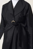 Kuş Gözlü Kuşaklı Trençkot Siyah thumbnail 4