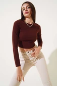 İnce Fitilli Uzun Kol Crop Kahve thumbnail 1