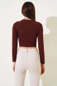 İnce Fitilli Uzun Kol Crop Kahve thumbnail 2
