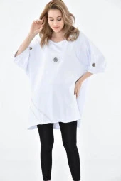 Yuvarlak Yaka Kuş Gözlü ve Taşlı Beyaz kadın Elbise - 1