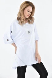 Yuvarlak Yaka Kuş Gözlü ve Taşlı Beyaz kadın Elbise - 2