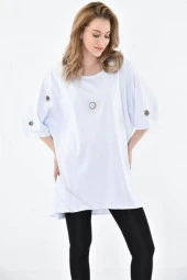 Yuvarlak Yaka Kuş Gözlü ve Taşlı Beyaz kadın Elbise - 3