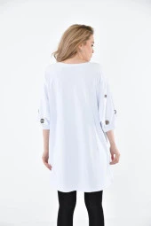 Yuvarlak Yaka Kuş Gözlü ve Taşlı Beyaz kadın Elbise - 5