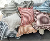 Yıkanmış Keten, Çizgili, Bohem, Fırfırlı, Keten Kırlent Kılıfı thumbnail 1