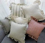 Yıkanmış Keten, Çizgili, Bohem, Fırfırlı, Keten Kırlent Kılıfı thumbnail 2