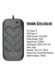 6’lı Akım Korumalı Priz – 3 USB Çıkışlı, 2500W, Isıya Dayanıklı Kablolu Uzatma Priz - 2