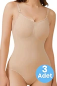 Kadın Dikişsiz Toparlayıcı ve İnceltici Çıtçıtlı İp Askılı Slip Body Korse 3'lü Set - 6