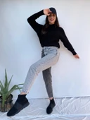 Kadın Kontrast Mom Jean Kot Pantolon Gri - 4