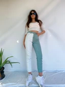 Kadın Kontrast Mom Jean Kot Pantolon Mint Beyaz - 5