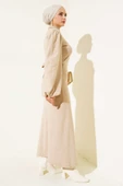 Balon Kol Kuşaklı Fitilli Elbise Bej thumbnail 3