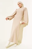 Balon Kol Kuşaklı Fitilli Elbise Bej thumbnail 2
