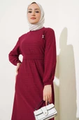 Bel Kuşaklı Volanlı Elbise Bordo - 2
