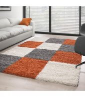 Dekoratif Modern Shaggy 30 mm uzun Tüylü Kare Desenli Turuncu Gri Beyaz Salon Halısı - 5