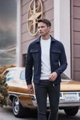 Koyu Lacivert Örme Bebe Yaka Kendinden Desenli Yırtmaçsız Astarsız Slim Fit Classic Mont 1007245156 - 3