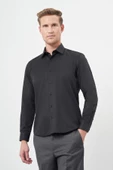 Siyah Uzun Kol Düz Bez Ayağı Sert Yaka Cepsiz Pamuklu Classic Slim Fit Gömlek 1004245267 thumbnail 1