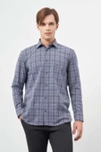 Koyu Lacivert Uzun Kol Ekose Desen Cepli Pamuklu Classic Comfort Fit Gömlek 1004245212 thumbnail 1