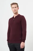 Bordo Uzun Kol Kendinden Desenli Örme Polo Yaka Classic Comfort Fit Triko 1012245156 - 3