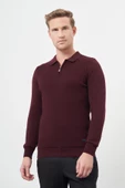 Bordo Uzun Kol Kendinden Desenli Örme Polo Yaka Classic Comfort Fit Triko 1012245156 - 1