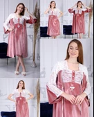 Duchesse 7008 Gülkurusu Kadife Hamile Lohusa Gecelik Sabahlık Takım - 5