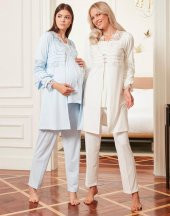 BONE CLUB 4800 ECRU HAMİLE LOHUSA 3 LÜ PİJAMA SABAHLIK TK - 3