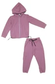 Kapşonlu Fermuarlı Beli Lastik Detaylı Kız Çocuk Günlük Eşofman Takımı 2 İplik MNK0664 - 3