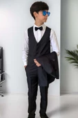 Erkek Çocuk Blazer Ceketli, Cepken Yelekli Siyah Takım Elbise 5-9 Yaş - 3