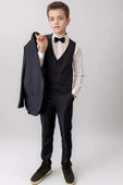 Erkek Çocuk Blazer Ceketli, Cepken Yelekli Siyah Takım Elbise 5-9 Yaş - 2