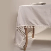 Naturel Özel Sınıf Keten, Organik, %100 Pamuklu, Pamuk Püsküllü Masa Örtüsü - 1