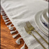 Natural, %100 Organik Pamuklu, Kenar Püsküllü, Naturel Keten Runner - 3