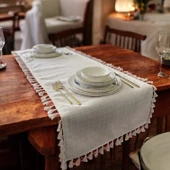 Natural, %100 Organik Pamuklu, Kenar Püsküllü, Naturel Keten Runner - 1