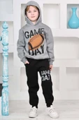 Erkek Çocuk Üzerinde Top ve Game Day Yazı Baskılı Sweatshirt 3 İplik Gri Eşofman Takım thumbnail 1