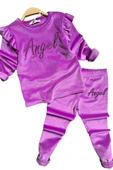 Kız Çocuk Omuzlarında Fırfır Detayı Angel Yazı İşlemeli Kadife Mor Taytlı Takım thumbnail 4