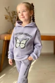 Kız Çocuk Bilekleri ve Paçası Lastikli Kelebek ve Yazı Figürlü Lila Eşofman Takım thumbnail 2