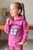Kız Çocuk Bilekleri ve Paçası Lastikli Kelebek ve Yazı Figürlü Fuşya Eşofman Takım thumbnail 2