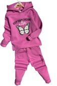 Kız Çocuk Bilekleri ve Paçası Lastikli Kelebek ve Yazı Figürlü Fuşya Eşofman Takım thumbnail 3