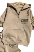 Erkek Çocuk Cool Boy Baskılı Fermuarlı Yaka Cepli Sweatshirt Bej Eşofman Takım - 2