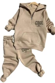Erkek Çocuk Cool Boy Baskılı Fermuarlı Yaka Cepli Sweatshirt Bej Eşofman Takım - 1