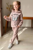 Kız Çocuk Bilekleri ve Paçası Lastikli Kelebek ve Yazı Figürlü Gül Kurusu Eşofman Takım thumbnail 1