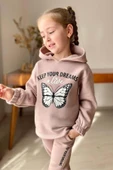 Kız Çocuk Bilekleri ve Paçası Lastikli Kelebek ve Yazı Figürlü Gül Kurusu Eşofman Takım thumbnail 2