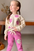 Kız Çocuk Pano Çiçek Baskı Bisiklet Yaka Kazak Pembe Eşofman Takım - 2