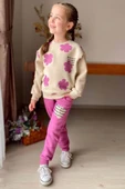 Kız Çocuk Pano Çiçek Baskı Bisiklet Yaka Kazak Pembe Eşofman Takım - 1