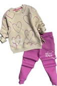 Kız Çocuk My Heart Kalp Baskılı Kazak Fuşya Alt Eşofman Takım - 4