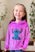 Kız Çocuk Stitch Karakter Baskılı Pullu Sweatshirt Mor Kadife Eşofman Takım thumbnail 3