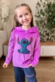 Kız Çocuk Stitch Karakter Baskılı Pullu Sweatshirt Mor Kadife Eşofman Takım thumbnail 2