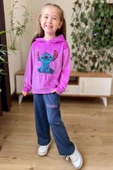 Kız Çocuk Stitch Karakter Baskılı Pullu Sweatshirt Mor Kadife Eşofman Takım thumbnail 1