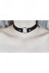 Siyah Deri Tasma Halka 35 cm Choker Bayan Kolye Takı - 2