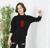 Unisex Bisiklet Yaka Baskılı Dokuma Triko - Siyah - 1