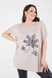 Büyük Beden Bej Salaş Simli Bol T-shirt - 1