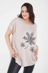 Büyük Beden Bej Salaş Simli Bol T-shirt - 3
