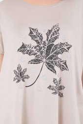 Büyük Beden Bej Salaş Simli Bol T-shirt - 5